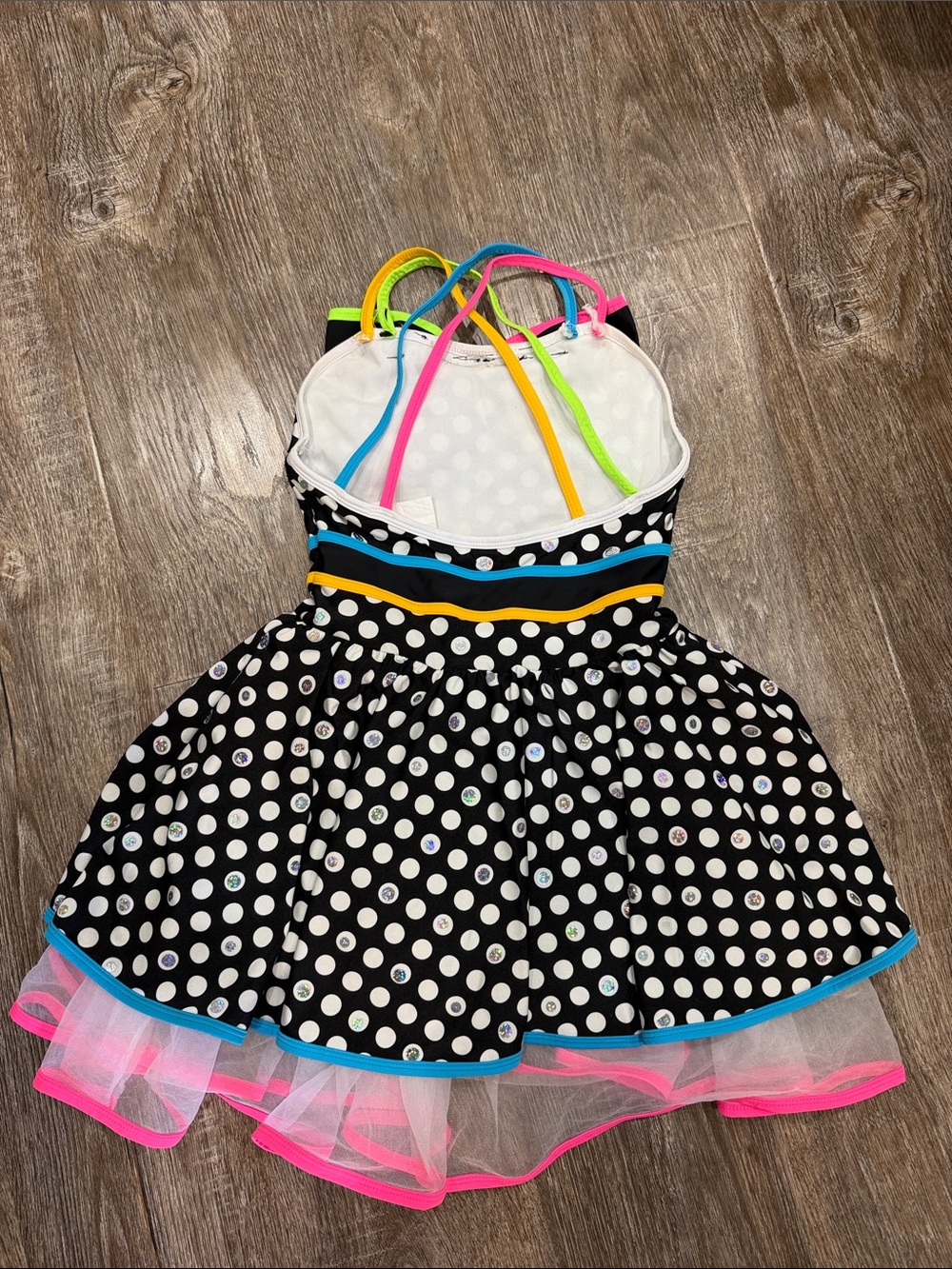 Revolution Dancewear Black Polka Dot Tutu Dance Dress with Neon Trim Size: SA - Picture 3 of 7